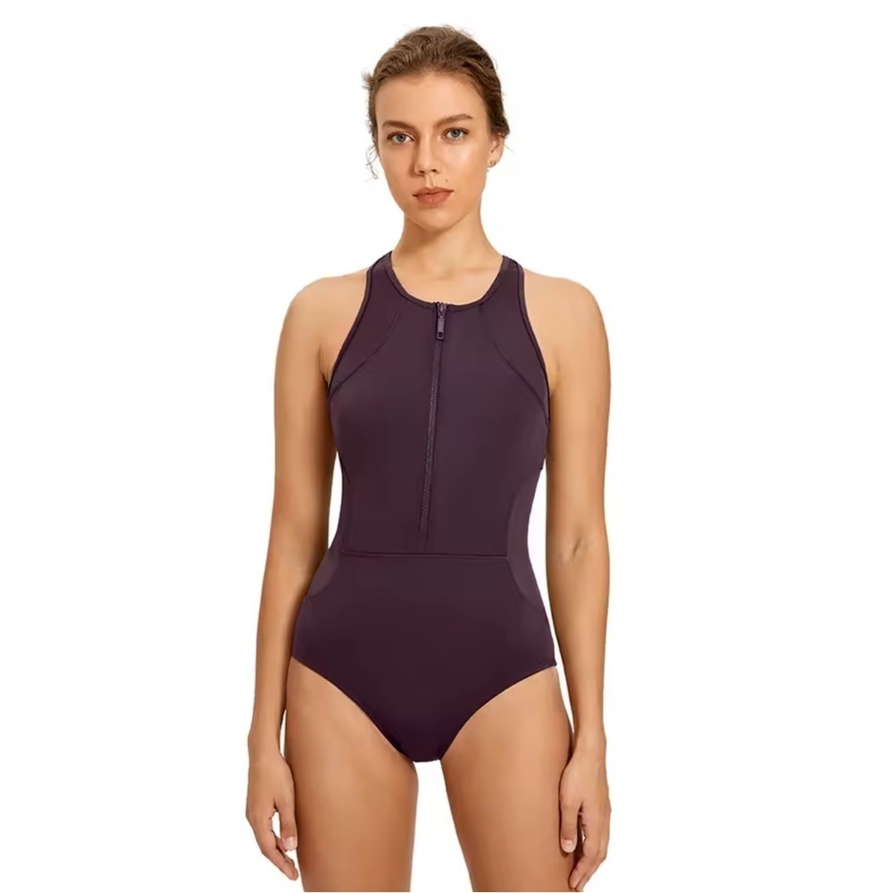 SYROKAN Purple Maroon Burgundy Sporty Racerback front Zip up One-Piece Swimsuit